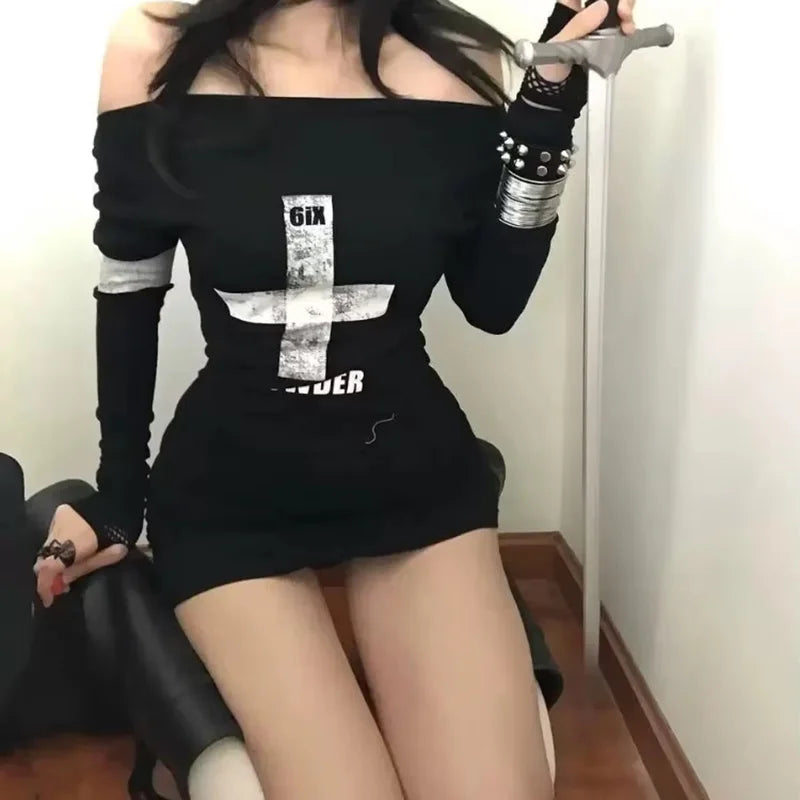 Y2k Women Clothes T Shirts Print Aesthetics Style Long Sleeve Tees Punk T-shirt Sexy Retro T-shirts Emo-Girl Hip Hop Slim Tops