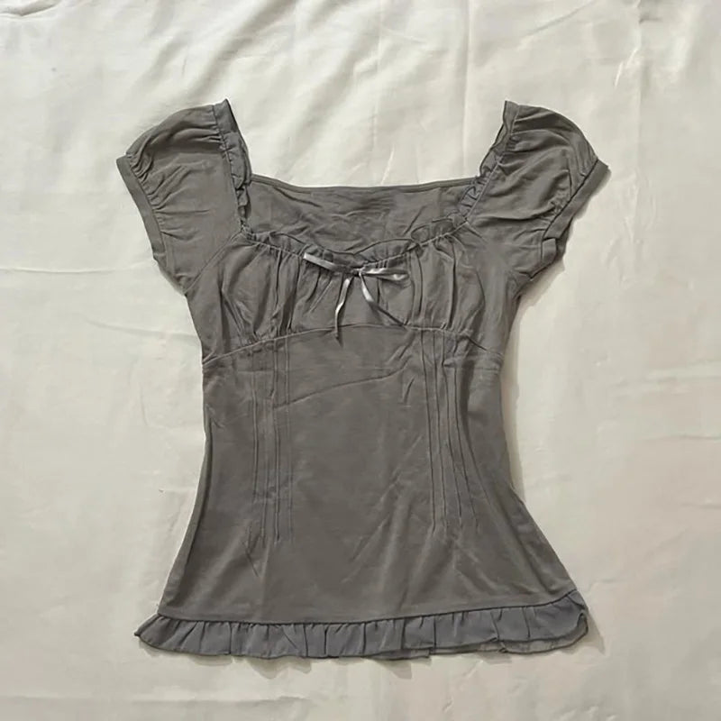 Y2K Fairy Grunge Crop Top for Women Short Sleeve Lace Patchwork T-Shirt Aesthetic Slim Fit Cute Babydoll Top Tees Streetwear Top
