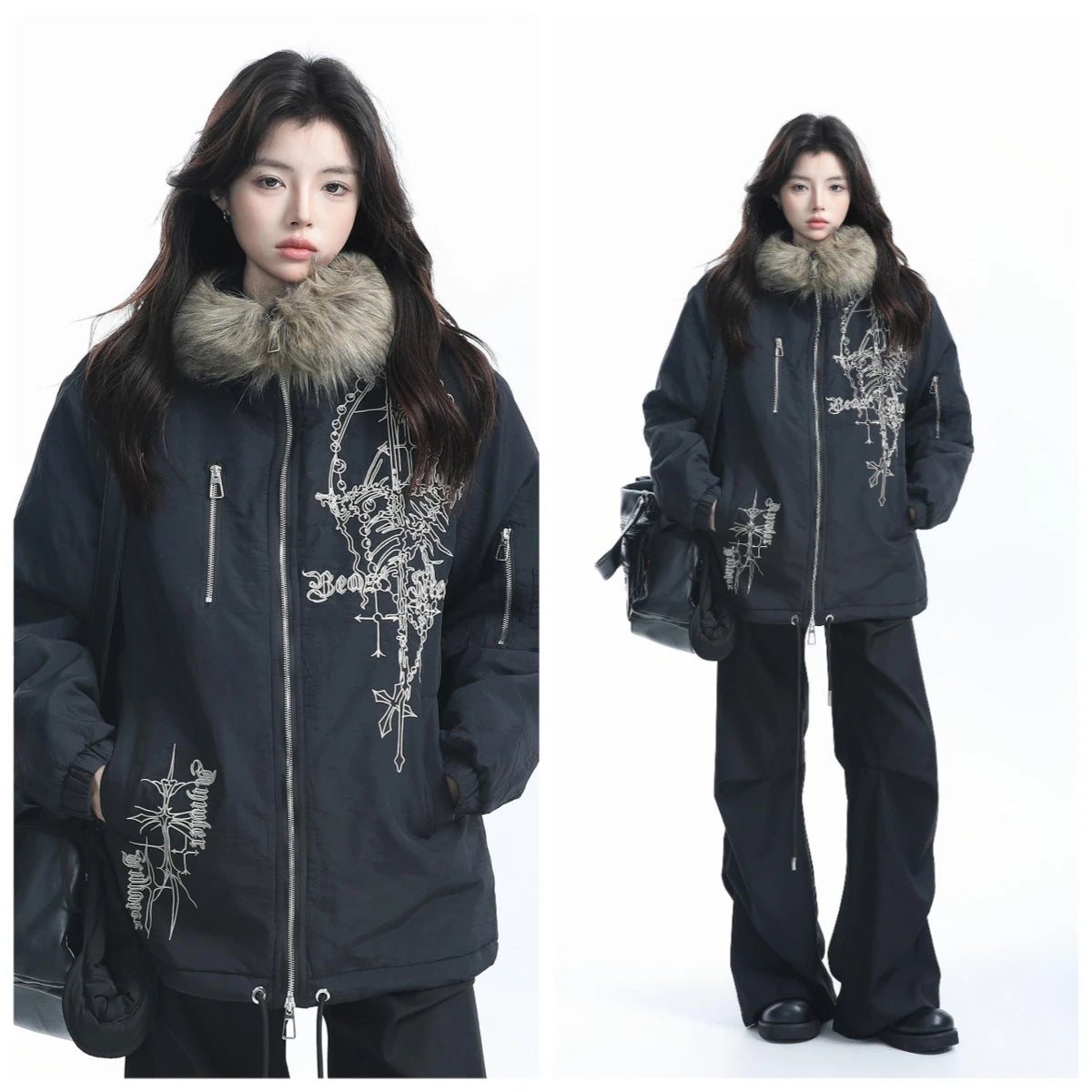 American Vintage Faxu Fur Jacket Hooded Women 2025 Autumn Cotton Coats Outwear Design Subculture Gothic Sweatshirts Harajuku