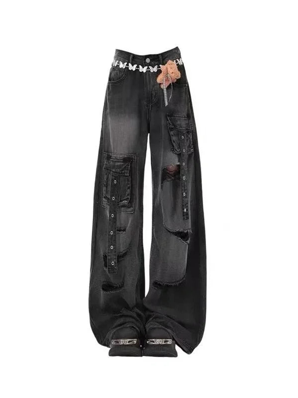 Y2K Mens Dragon Print Loose Fit Baggy Jeans Denim High Street Urban Casual Trendy Fashion Hip Hop Streetwear Daily Wear Style