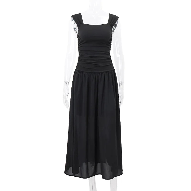 Y2K Wide Strap Panele Chiffon Gather Maxi Dress Folds Formal Summer Vintage Tank Black Dress Women Party Clubwear Long Robe