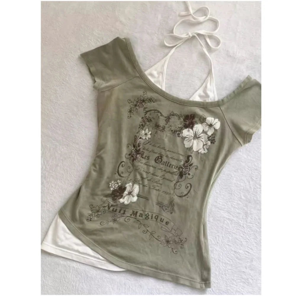 2025 Summer Vintage Fake Two Piece Halter Lace Up T-shirts Y2k Slim Fit Print Tops Women Off Shoulder Short Sleeve Tee Shirt
