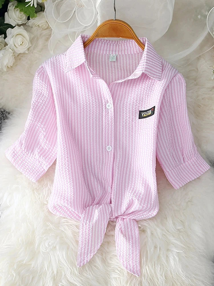 AOSSVIAO Casual Women Shirts 2025 Summer New Fashion Collar Blouse Stripe Buttons White Shirt Women Tops Streetwear