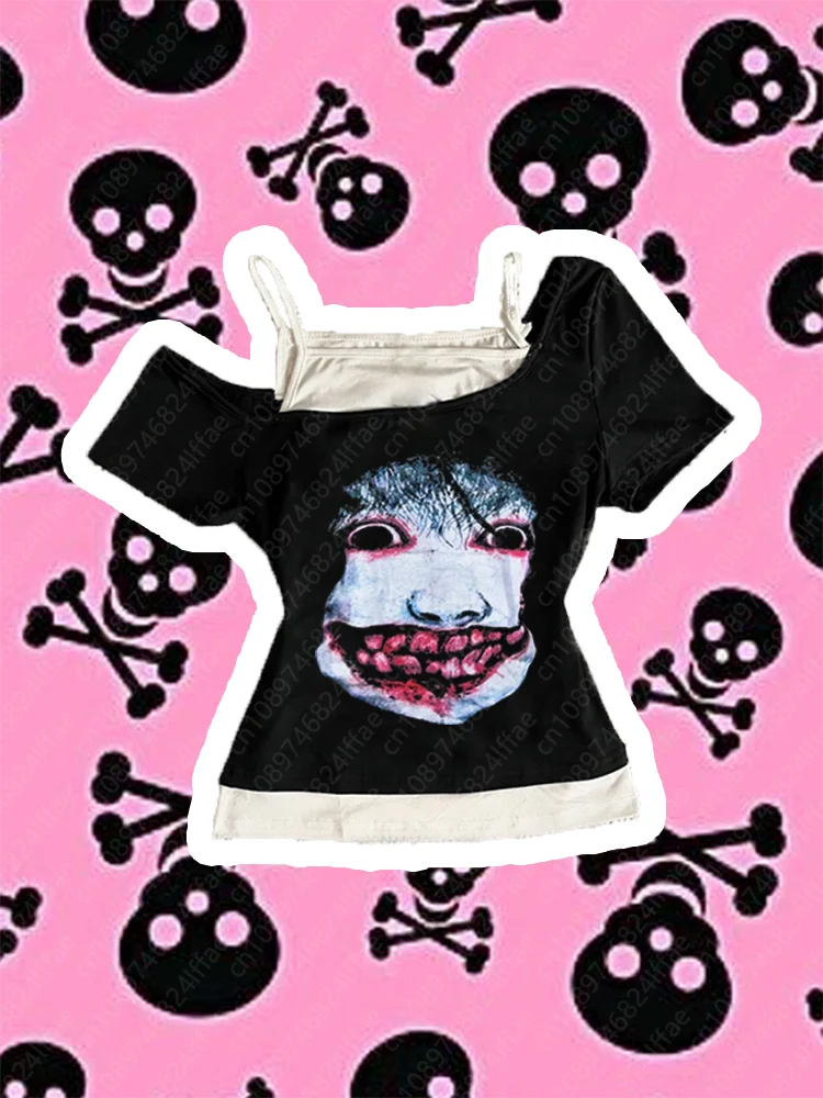 Y2k Slim Fit Print Tops Women Off Shoulder Short Sleeve Tee Shirt Neploe American Vintage Fake Two Piece Halter Lace Up T-shirts