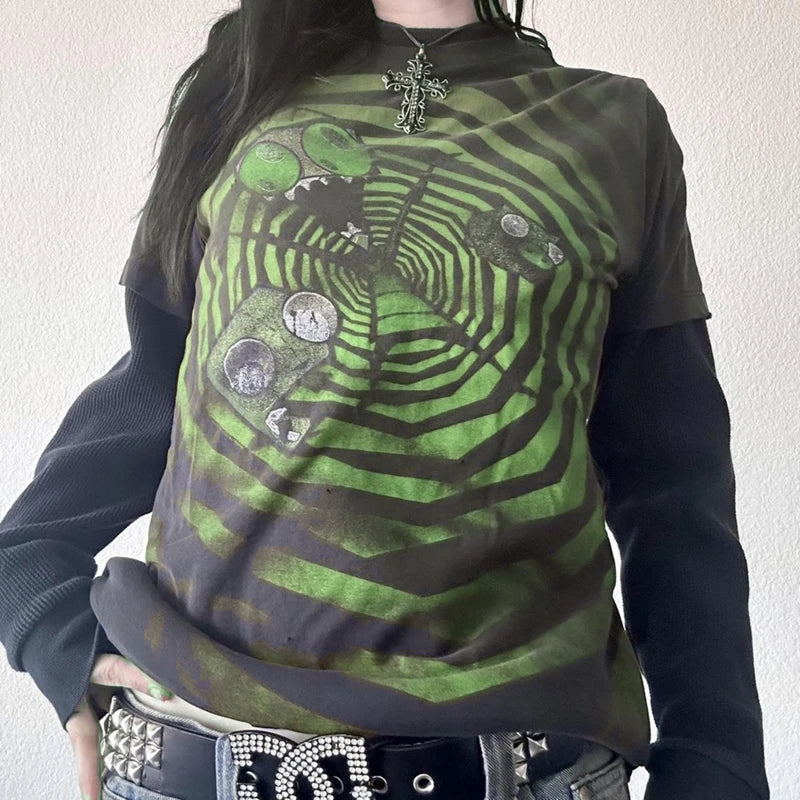 90s E-Girls Gothic Emo Tops Clothes Y2K Fairy Cyber Grunge T-Shirts for Women Vintage Skull Graphic Print Long Sleeve Tees