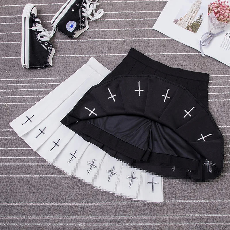 2024 Women Harajuku Sweet Fresh Feeling High Waist Pleated Skirt Elastic Waist Cross Embroidery Skirt black skirt Pleated Skirt