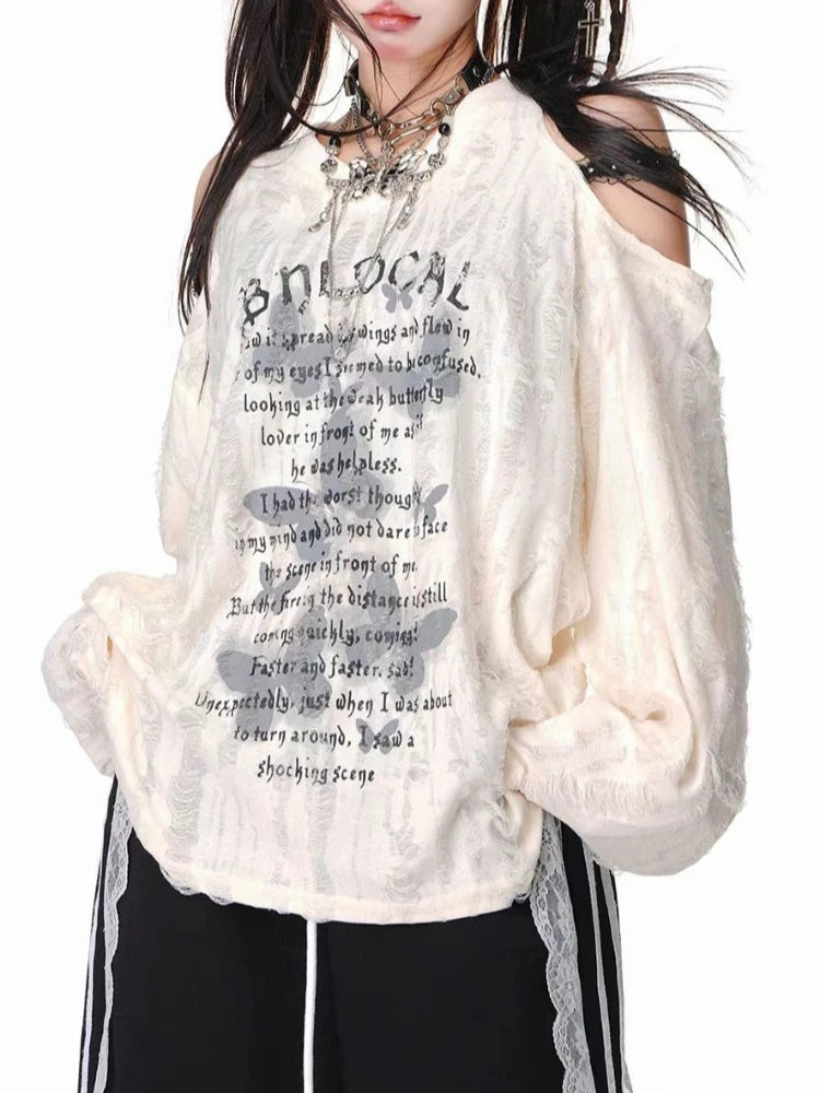 Y2k Gothic Grunge Dark Hollow Out T Shirt Women Harajuku Hollow Out Off Shoulder Sexy Tees Autumn Punk Letter Print Tops New