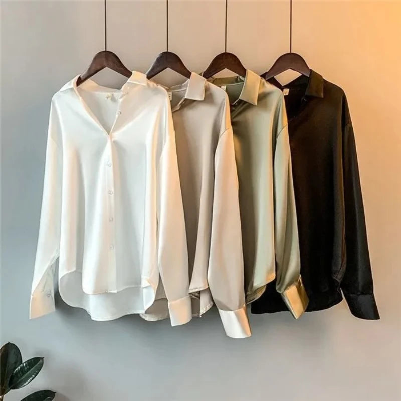 2025 Autumn Vintage Casual Button Silk Tops Elegant Satin Loose Women Shirt Spring Turn-down Collar Ladies Blouse