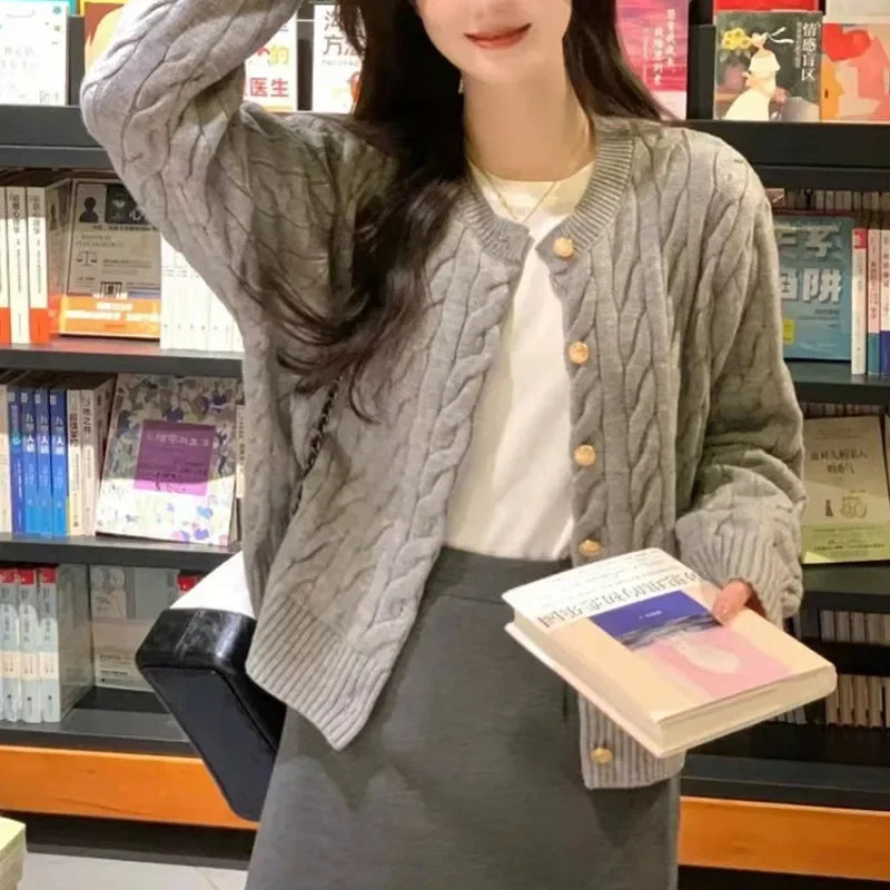 2025 O-neck Elegant Knitted Top Vintage Long Sleeve Cardigan Women Sweater Fashion Autumn Grey Knitwear