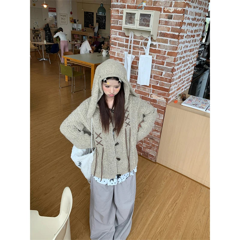 Y2K Hooded Knitted Cardigan Women Harajuku Cute Core Sweater Outerwears Streetwear Long Sleeve Knitwears Winter Korean Jumpers