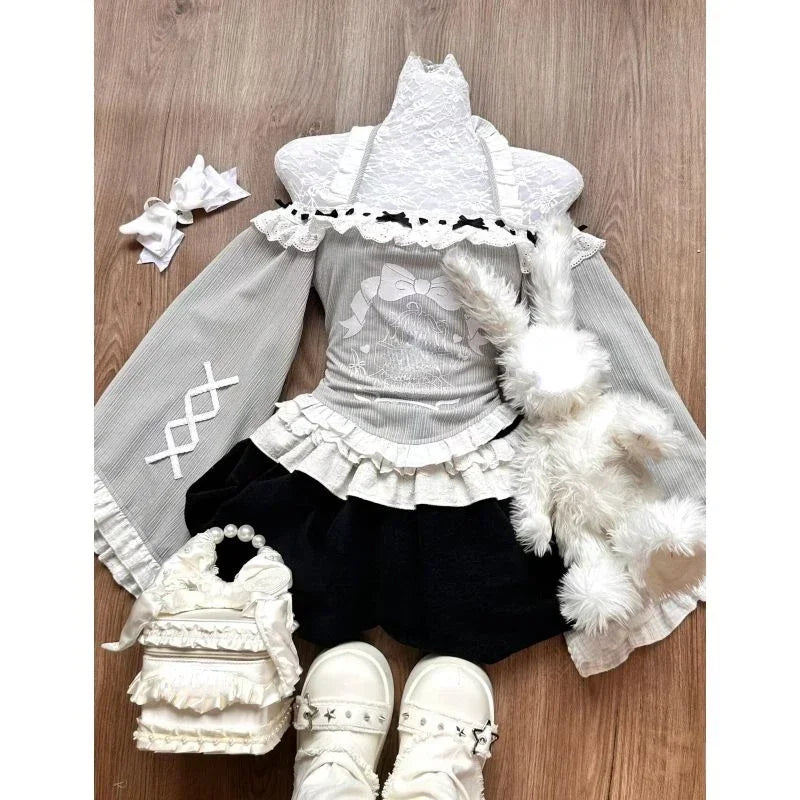 Y2k High Waist Lolita Short Skirt Suit France Vintage Slim Slash Neck Print 2 Piece Set Women Sweet Cute Off Shoulder Top Female