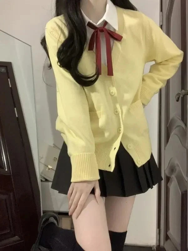 Yellow Knitted Cardigan Sweater Cute Japanese Preppy Style Long Sleeve Top Suit For Women Fashionable and Elegant Design