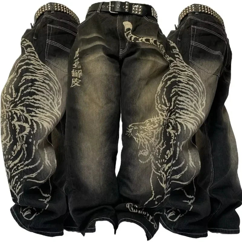 2025 New American Trend Vintage Hip-hop Embroidery Pattern Baggy Jeans Men And Women Y2K Harajuku Gothic Wide Pants Streetwear