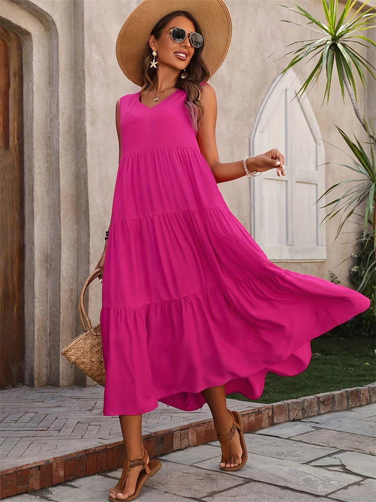 2024 Women Dress Summer Casual Brand Vacation Holiday Beach Long Dresses V-neck Loose Elegant Yellow Black RUFFLES Dress Femme