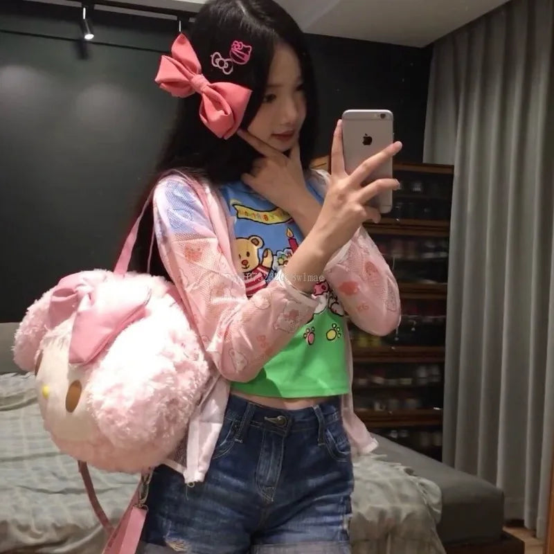 2024 Sanrio My Melody Tote Bag Sweet Kawaii Girl Shoulder Bag Cartoon Cute Plush Student Backpack Pink Large Capacity Handbag