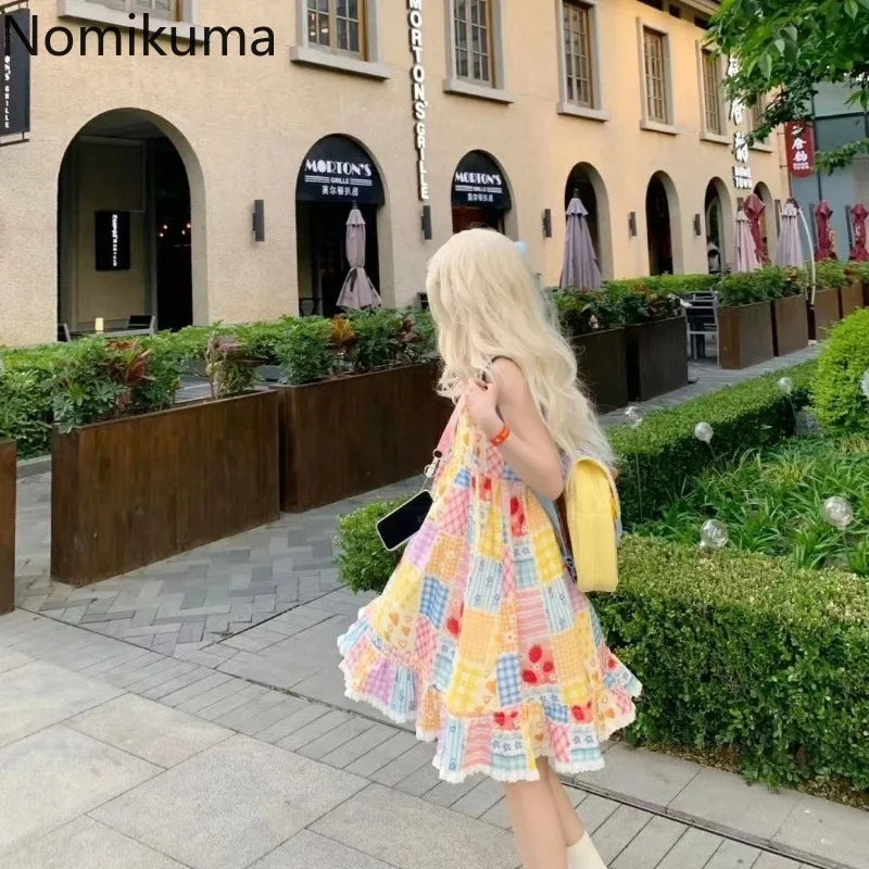 2025 Vestidos De Mujer Cute Woman Dress Bandage Patchwork Lace Contrast Color Plaid Robe Femme Loose Summer Dresses