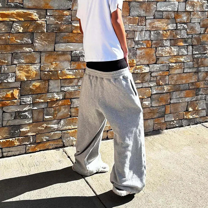 Y2k Street Trend Contrast Drawstring Daily Sweatpants Men Women The Same Fake Two Trendy High Street Leisure Loose Sweatpants