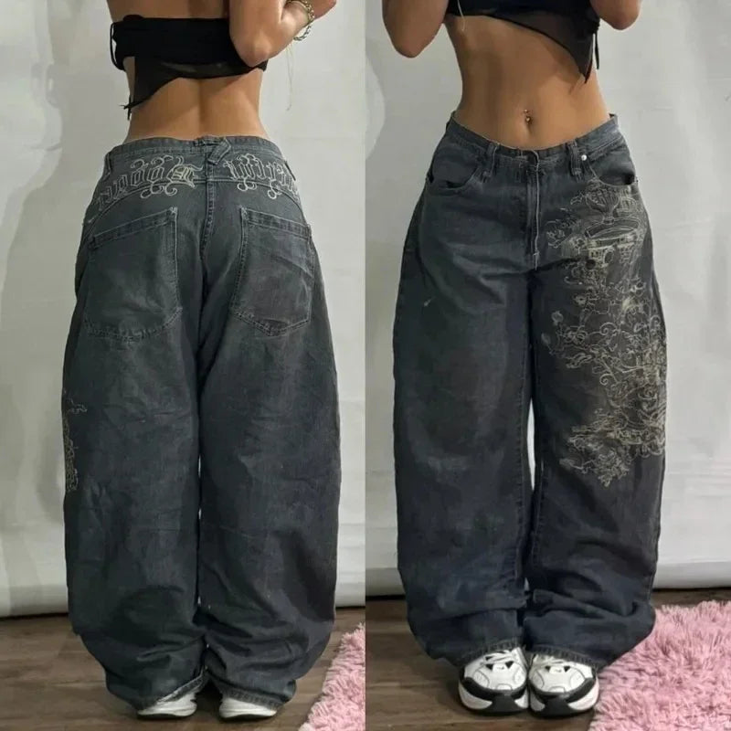 2025 New American Trend Vintage Hip-hop Embroidery Pattern Baggy Jeans Men And Women Y2K Harajuku Gothic Wide Pants Streetwear