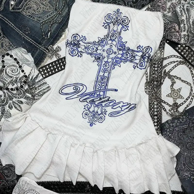 Y2k Women Chest Hugging Dress Gothic Hip Hop Punk Graphic Aesthetic Harajuku 2000s Vintage Streetwear High Street Retro EMO Girl