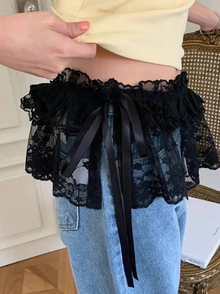 2025 Spring Summer Women Y2K Korean Lace Mini Layered Skirt Streetwear Lace Up Ruffles Harajuku High Waist Pleated Ladies Skirts