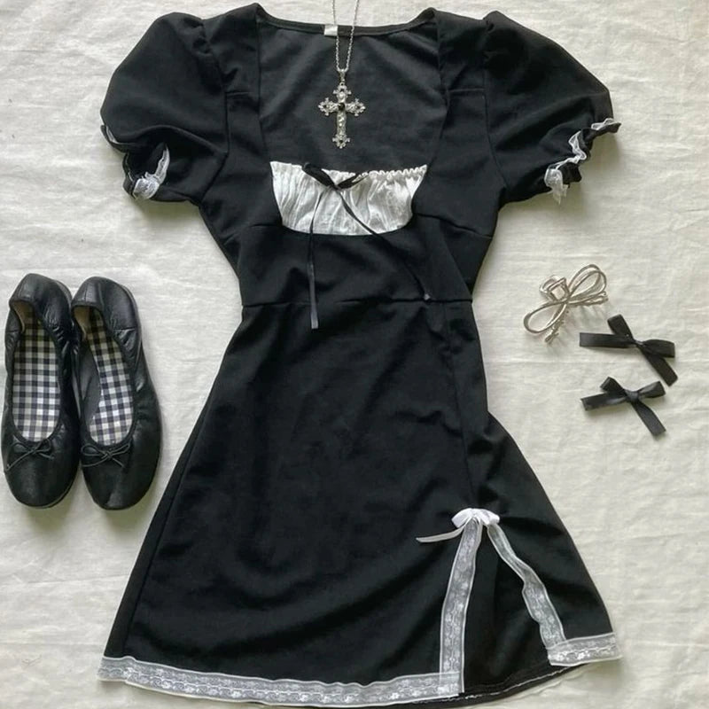 Y2K Daily Vintage fit Dress Woman's Clothing Short Sleeve Chic Casual Fashion Sundress Aesthetic Summer Personality Maiden Frock