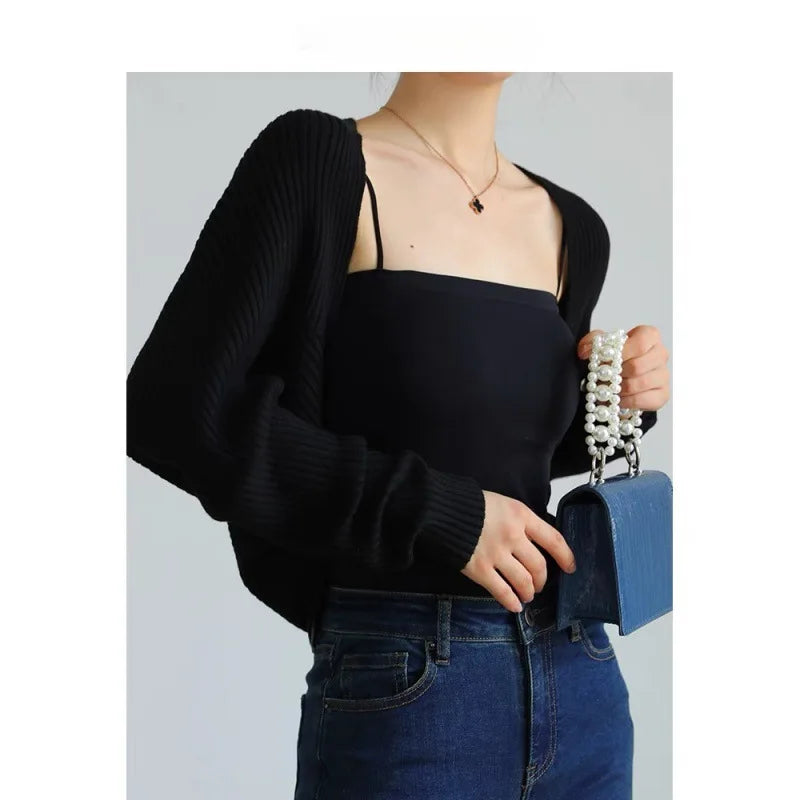 1pcs Four Season Women Cardigan Long Sleeve Short Shawl Jacket Sun Protection Knitted Cropped Loose Shirt Paired With Camisoles