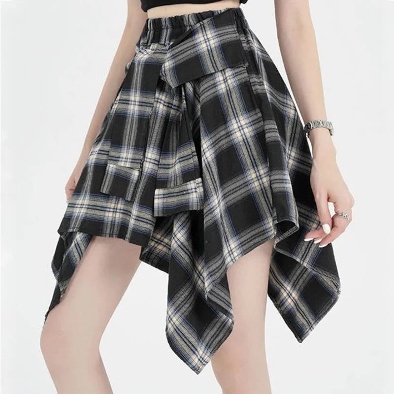 2025 Summer Women Casual Street Fashion Irregular Plaid Skirt Bow-knot Elastic Waist Mini Shirts Teenagers Girls Hip Hop Clothes