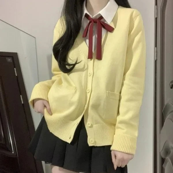 Yellow Knitted Cardigan Sweater Cute Japanese Preppy Style Long Sleeve Top Suit For Women Fashionable and Elegant Design