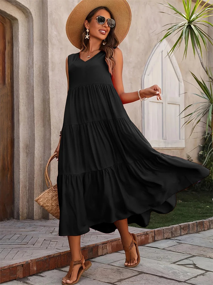 2024 Women Dress Summer Casual Brand Vacation Holiday Beach Long Dresses V-neck Loose Elegant Yellow Black RUFFLES Dress Femme