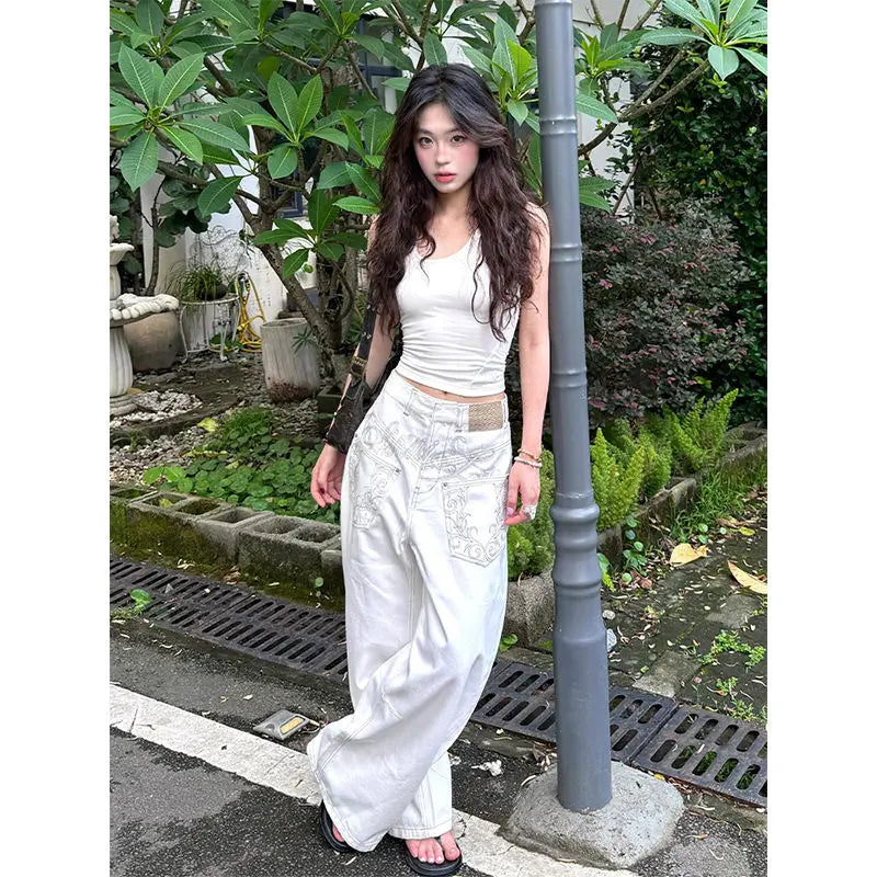Y2k Retro Pocket Embroidered Jeans Denim Pants Harajuku High Waisted Wide Leg Jeans Casual High Street Women Clothing