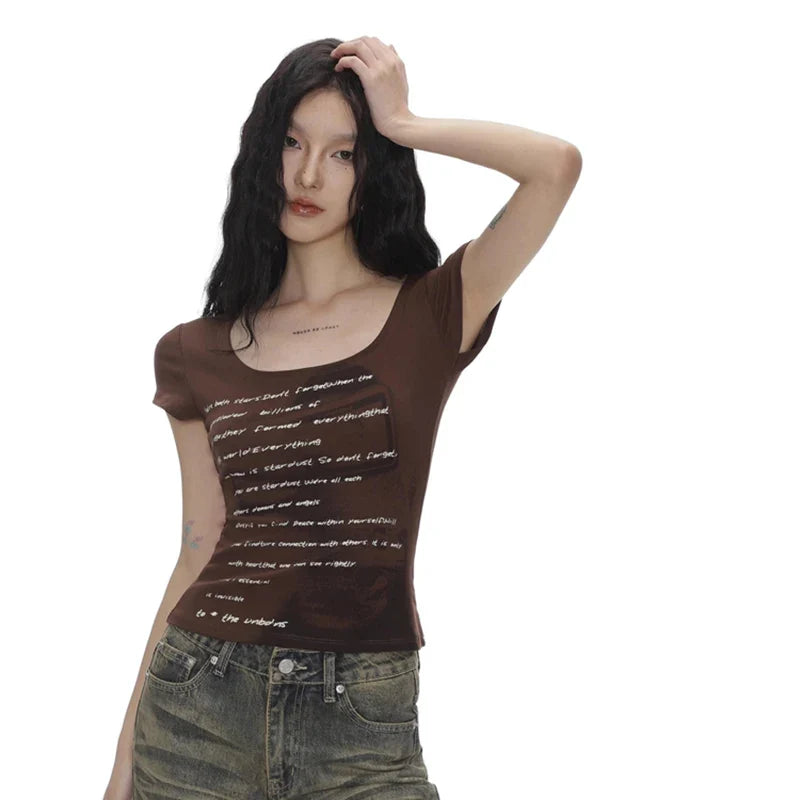 2025 Summer Women Retro Sweet Spicy Skinny Tops Lady Bean Green Casual T-Shirts Girls Letter Portrait Print Short Sleeve Clothes