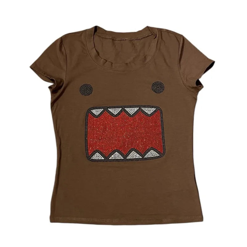 2025 summer new women Y2K Girl Retro Hot Fix Rhinestone Application Round Neck Top T-shirt Funny Vintage Tama Jun Top