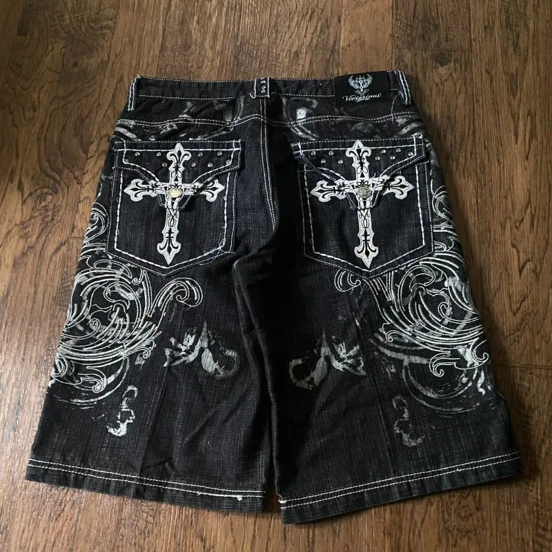 American Vintage Popular New Yellow Print Loose Denim Shorts Men Streetwear Fashion Gothic Casual Joker Shorts Women Clothing