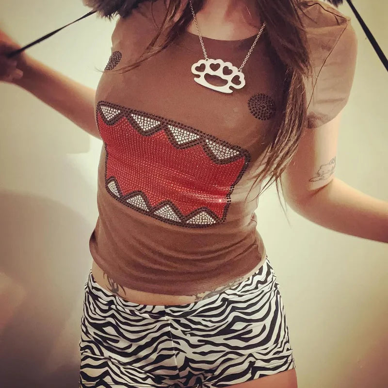 2025 summer new women Y2K Girl Retro Hot Fix Rhinestone Application Round Neck Top T-shirt Funny Vintage Tama Jun Top
