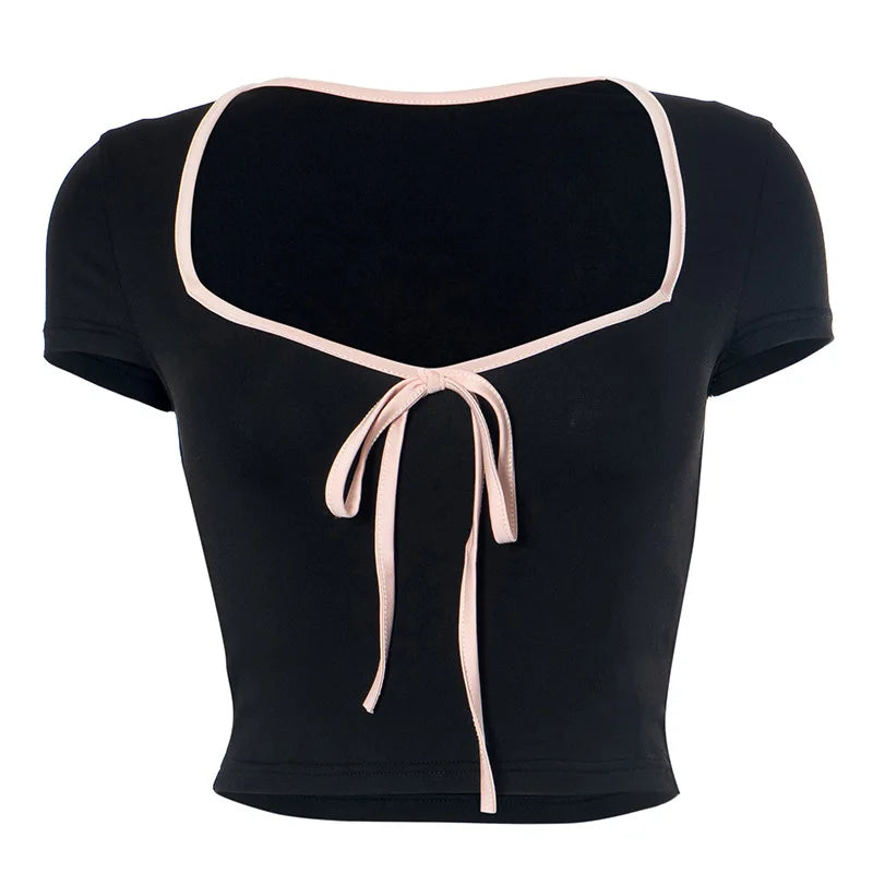 2000s Punk Goth Bow Crop Tops Y2k Clothes Vintage Women Streetwear T-Shirts Gothic Grunge Emo Girls Aesthetic Slim Baby Tees Top