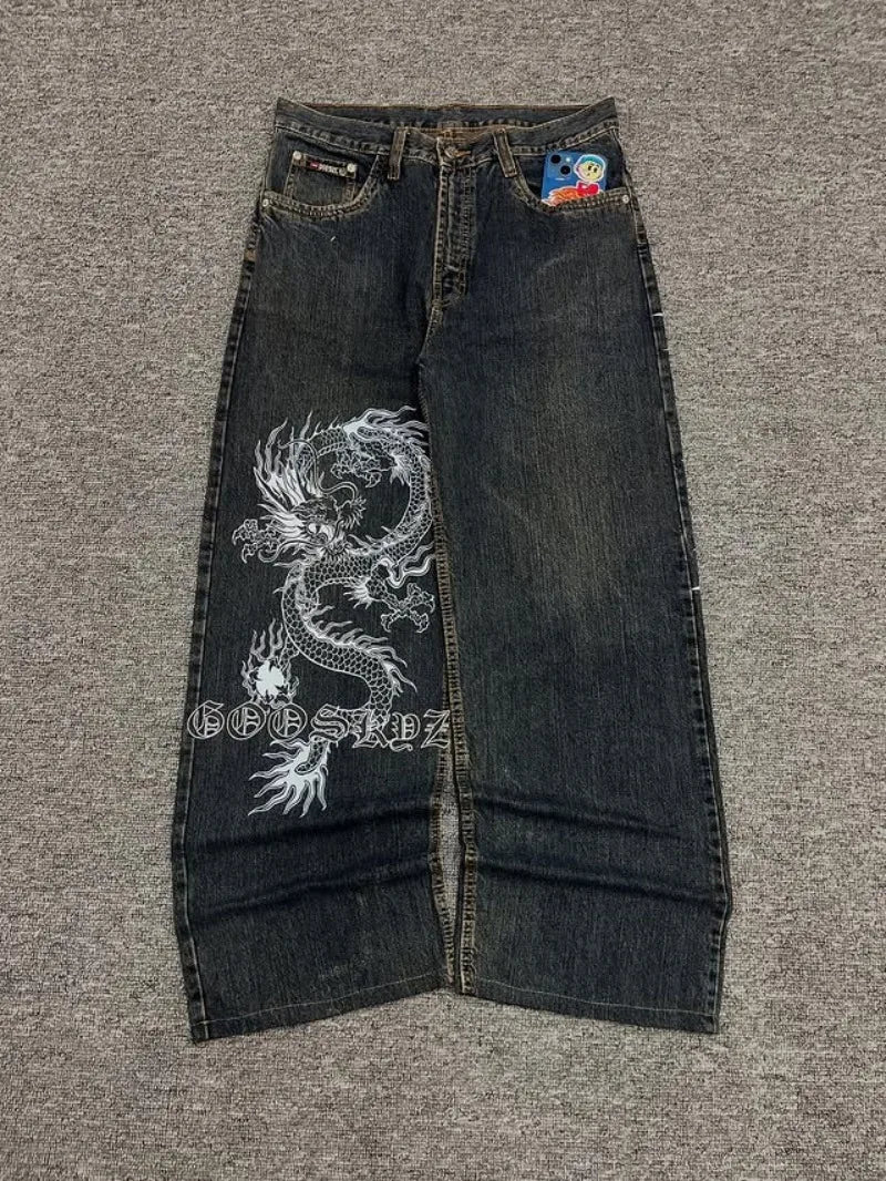 Y2K Mens Dragon Print Loose Fit Baggy Jeans Denim High Street Urban Casual Trendy Fashion Hip Hop Streetwear Daily Wear Style