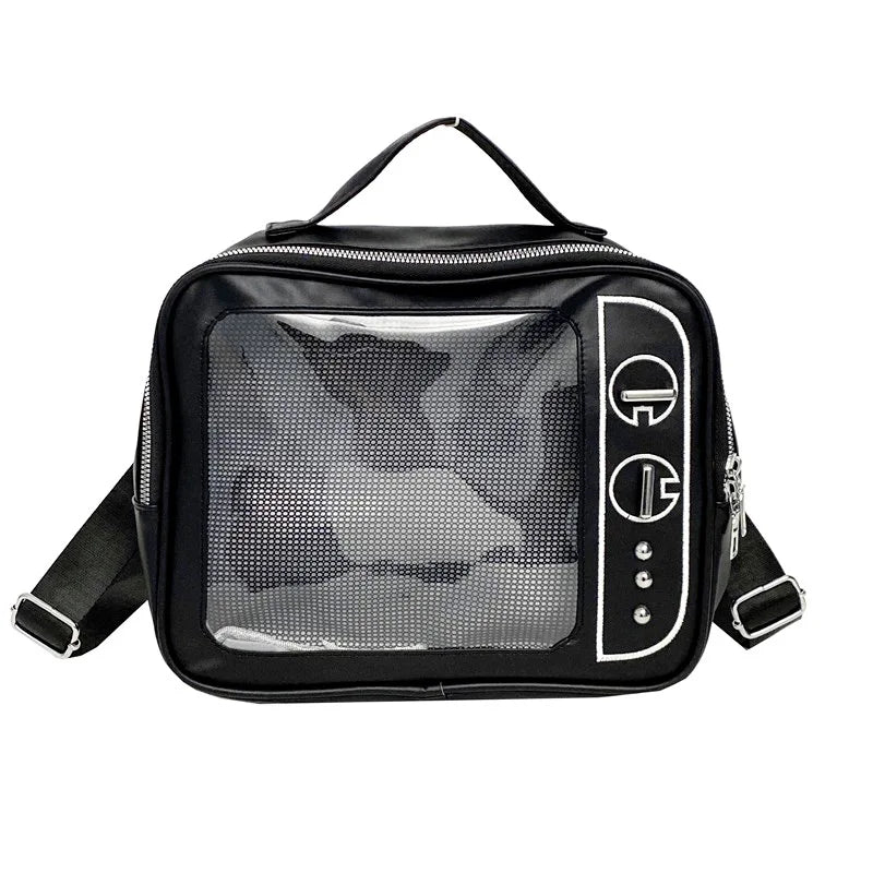 Y2K Japanese Kawaii TV Design Ita Bag Cute PU Shoulder Bag Transparent Pocket Harajuku Crossbody Bag for Women Fashion Backpacks