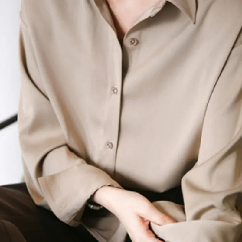 2025 Autumn Vintage Casual Button Silk Tops Elegant Satin Loose Women Shirt Spring Turn-down Collar Ladies Blouse