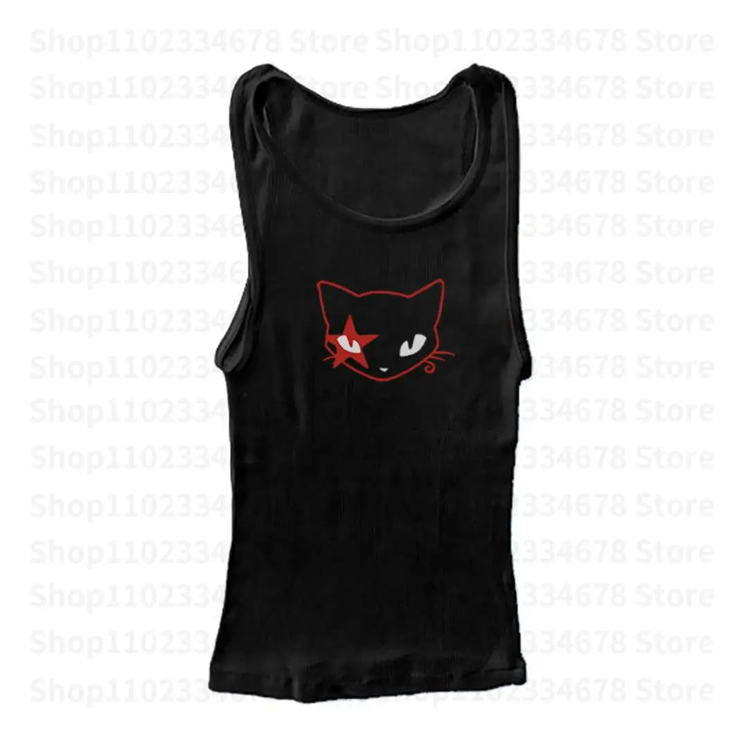 Y2K Gothic Emo Vintage Sleeveless Tank Tops Kitten Printed Sweat Vest Y2K Aesthetic Harajuku Streetwear Women Slim Fit Crop Tops