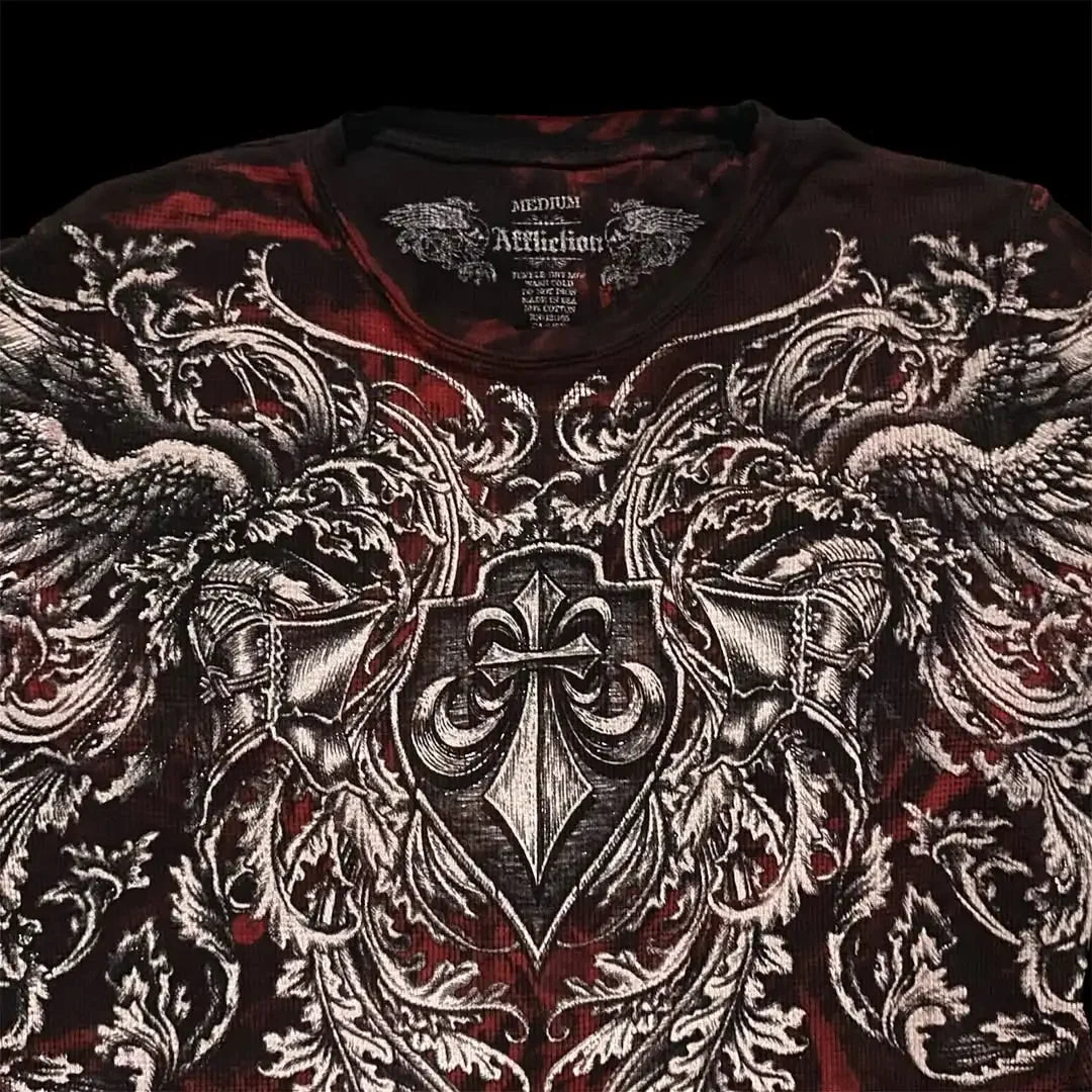 2025 Fall Affliction Red Long sleeved T shirt Round Neck Oversized shirt Casual Gothic Skull Holy Writ Letter Tops Streetwear