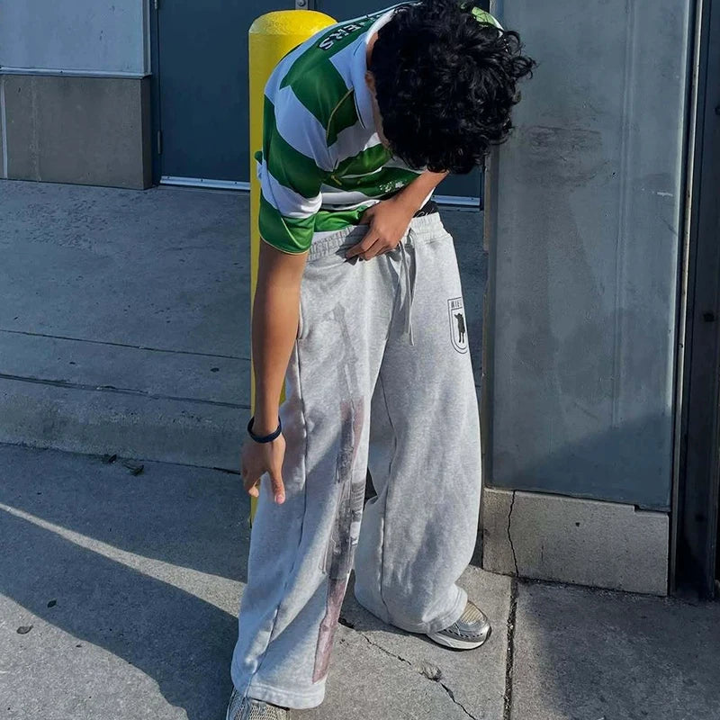 Y2k Street Trend Contrast Drawstring Daily Sweatpants Men Women The Same Fake Two Trendy High Street Leisure Loose Sweatpants