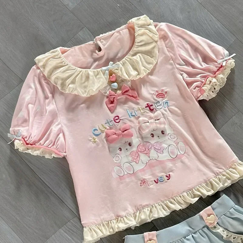 Y2K JK Lolita Japan Kawaii Girl Cute Sweet Lace T-shirt Lolita Print Tops Bow Cake Blouse A-line Spliced Cake Skirt New Chic