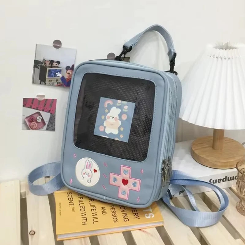 Y2K Japanese Kawaii TV Design Ita Bag Cute PU Shoulder Bag Transparent Pocket Harajuku Crossbody Bag for Women Fashion Backpacks