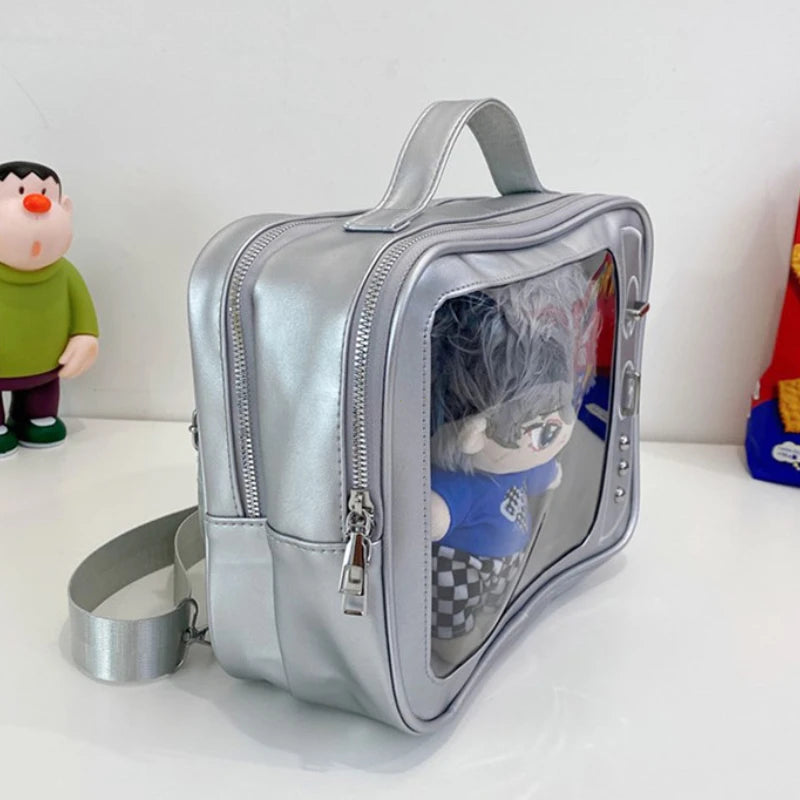 Y2K Japanese Kawaii TV Design Ita Bag Cute PU Shoulder Bag Transparent Pocket Harajuku Crossbody Bag for Women Fashion Backpacks