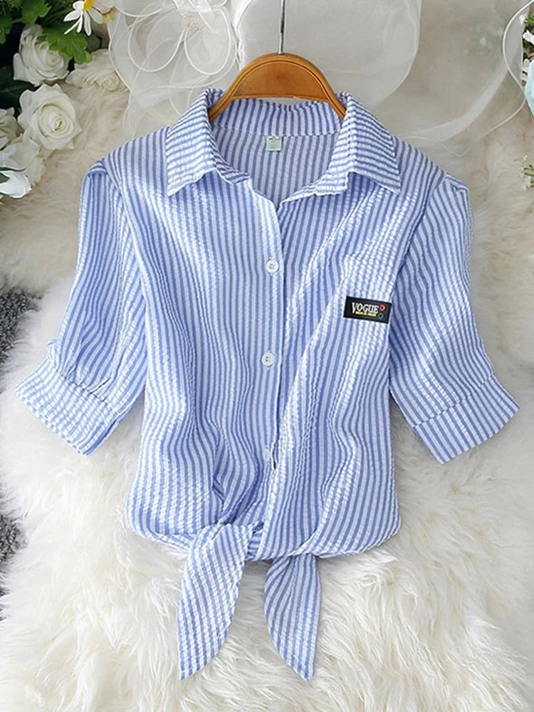 AOSSVIAO Casual Women Shirts 2025 Summer New Fashion Collar Blouse Stripe Buttons White Shirt Women Tops Streetwear