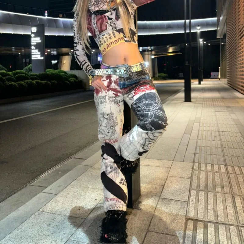 Y2K High Street Retro Graffiti Printed Baggy Jeans Women Streetwear Hip Hop Loose Japanese Millennium Casual Straight Jeans