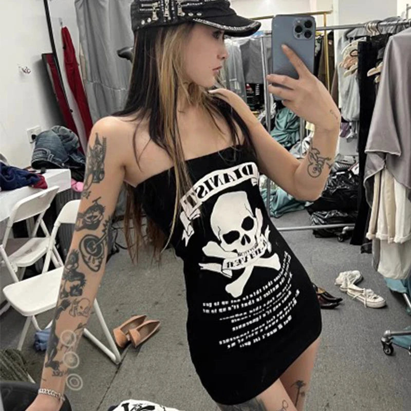 Y2K women Dresses Japanese arcane Vintage Skull Print Strapless Dress Summer Girls Streetwear Hip Wrap Sexy Chic Short Dresses