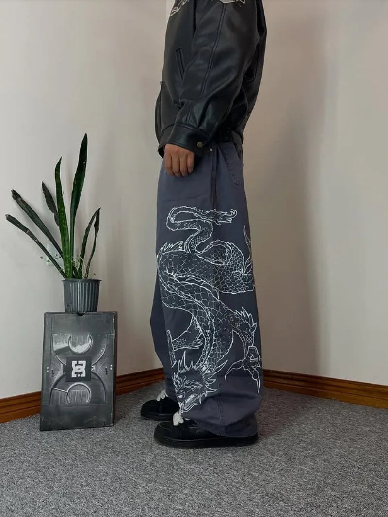 Y2K Mens Dragon Print Loose Fit Baggy Jeans Denim High Street Urban Casual Trendy Fashion Hip Hop Streetwear Daily Wear Style