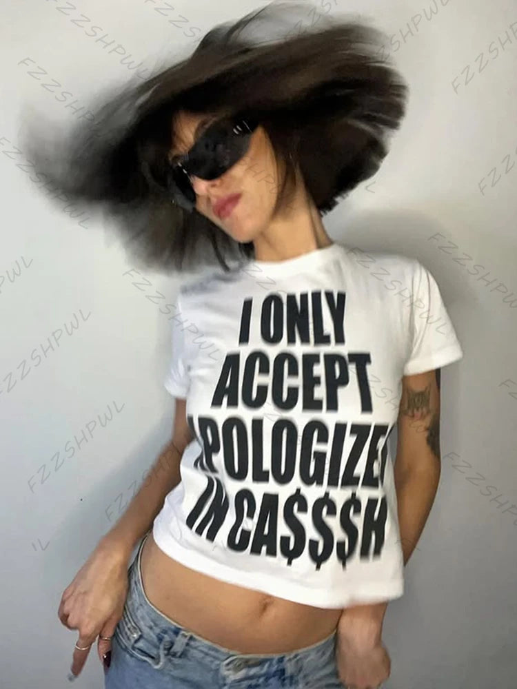 Y2K solid color American letter printing fashion trend high street crop top rock punk Harajuku high street hot girls round neck