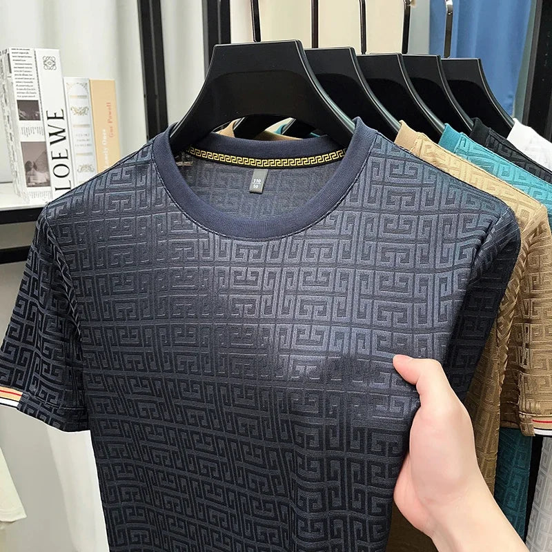 2025 New Men's Fashionable Jacquard Short Sleeved Round Neck T-shirt Casual and Comfortable All Season Versatile Top